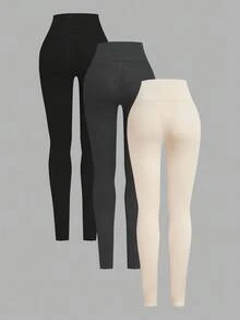 SHEIN EZwear 加大码纯色贴花高腰紧身羊毛打底裤，秋冬时尚 - 彩色 - 查看 2