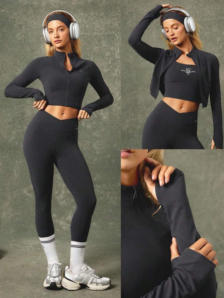 X Harry Potter FeatherFit™ Maglia in tessuto traspirante, morbida e elastica, con zip frontale, grafica, corta, manica lunga, per yoga, pilates, barre, uso quotidiano e casual