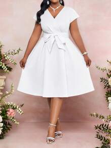 SHEIN Lady 大码腰带夏秋冬蝴蝶结腰身设计小众时尚女士连衣裙大码连衣裙 - 白色 - 查看 4