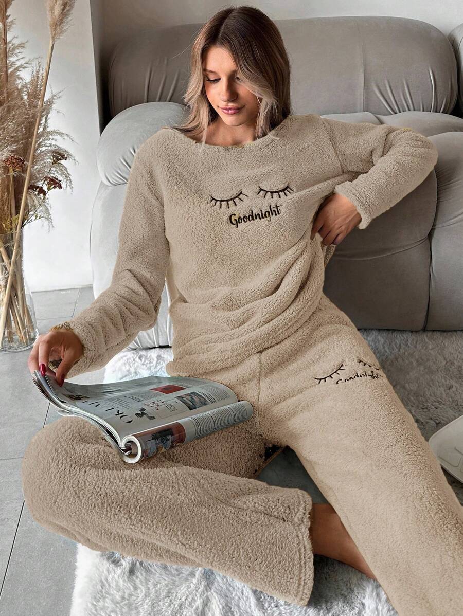 SHEIN Cottnline Women's Eyelashes Embroidery Fuzzy Pajama Set - Brown - View 1