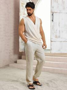Palmeraft Men's Solid Color Drawstring Waist Pocket Cotton Linen Casual Pants , Fall - Khaki - View 4
