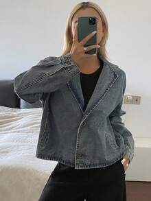 DAZY Women's Turndown Collar Loose Short Casual Denim Jacket And Coat - Medium Wash - View 7