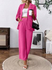 SHEIN Clasi Women's Linen-Like Casual Lapel NeckJacket And Pants Suit Set Powdered Rose Casual Outfits Spring Clothes For University Fall Cloth For Women