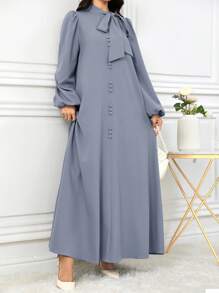 Al Najma 女士优雅纯色灯笼袖系带领阿拉伯连衣裙，适合秋季，端庄优雅的 A 字型阿拉伯连衣裙，适合休闲日常 - 藍色 - 查看 3