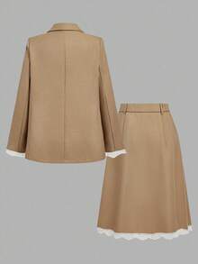 SHEIN MOD 秋冬女士蕾丝拼布夹克和裙装套装 - 卡其色 - 查看 3