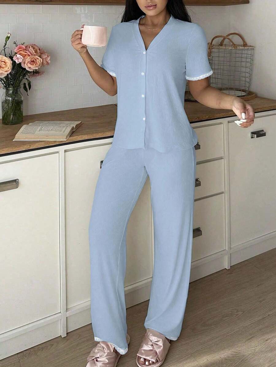 SHEIN 2pcs Women Casual Contrast Color Loungewear Set Outfit - Multicolor - View 1
