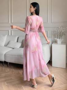 DAZY Abito elegante casual con maniche a campana, scollo a V con strass, vita con laccio incrociato, stampa floreale ditsy, adatto per matrimoni/feste, abiti estivi da donna di media lunghezza - Rosa - Visualizzare 11