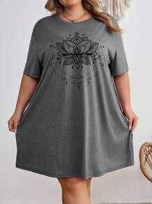 SHEIN CURVE+ Áo thun lễ hội âm nhạc cỡ lớn, Đầm tay ngắn cổ tròn màu trơn đơn giản và thoải mái cỡ lớn, thích hợp mặc vào mùa hè - Xám - Xem 9