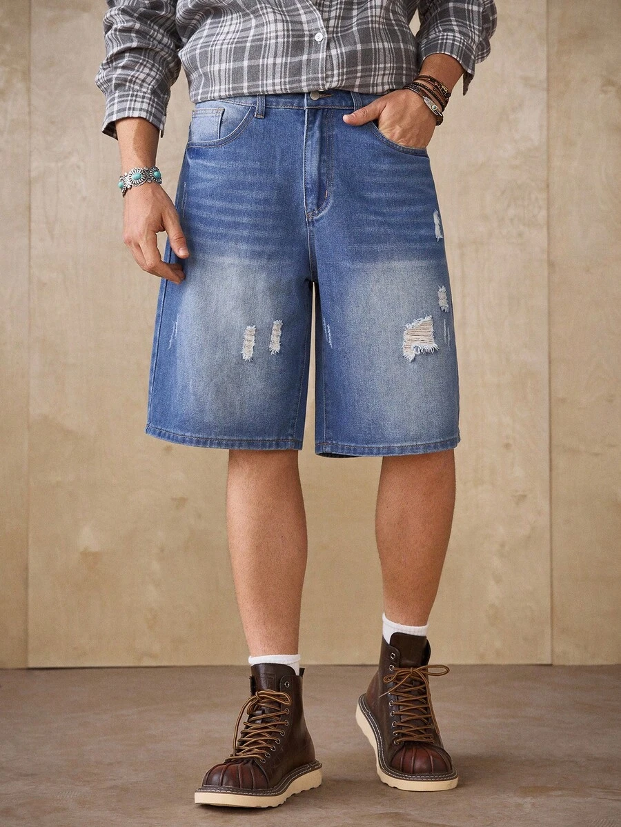 Manfinity Homme 男士浅蓝色水洗复古做旧宽松休闲牛仔短裤 - 藍色 - 查看 1