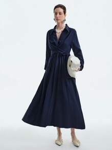 Lyxana 女士春夏法式优雅简约高端办公室/通勤/休闲/度假竹纤维舒适衬衫领 V 领收腰交叉领带褶皱口袋喇叭下摆长袖长裙 - 藏蓝色 - 查看 3