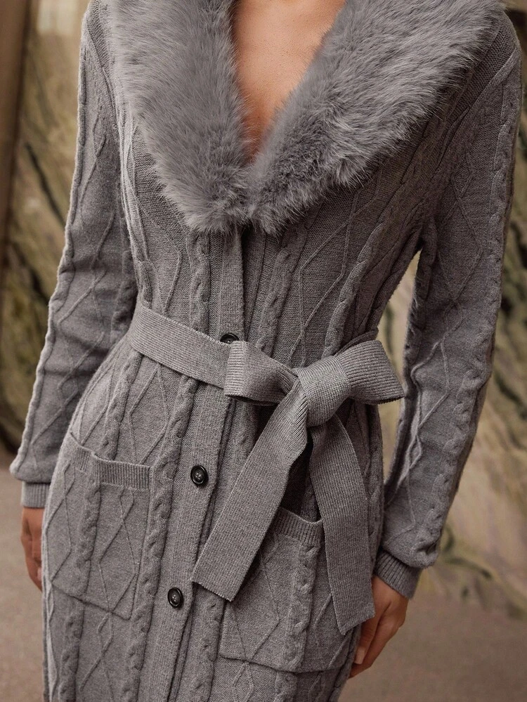 CONTRAST FAUX FUR BELTED CARDIGAN