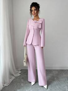 Selianne Bộ vest thời trang thu đông 2 món gồm áo khoác blazer cổ ve lật + quần - Màu Hồng baby - Xem 1
