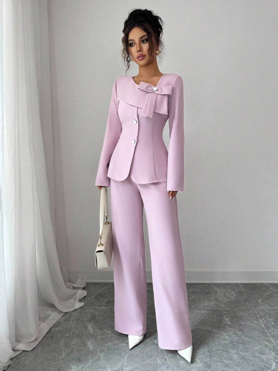 Selianne Bộ vest thời trang thu đông 2 món gồm áo khoác blazer cổ ve lật + quần - Màu Hồng baby - Xem 1