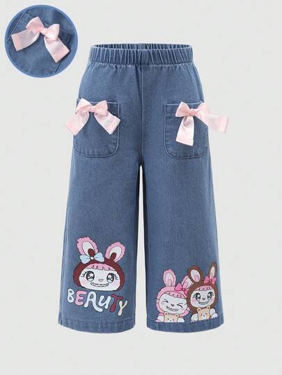 SHEIN Baby Girls' Denim Pants With Bow & Cartoon Print, Casual Trousers For Spring, Autumn, All Seasons