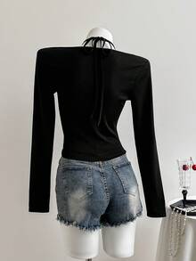 Elamini 女式黑色罗纹针织蕾丝拼布蕾丝领口系带长袖紧身 T 恤，优雅复古别致女士休闲通勤约会装，春秋黑色蕾丝上衣女式黑色蕾丝上衣。露出肌肤 - 黑色 - 查看 2