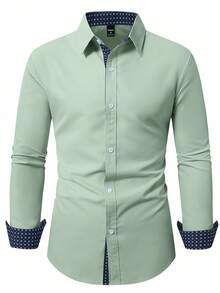 Manfinity Mode Men's Casual Business Geometric Pattern Patchwork Long Sleeve Mint Green Flannel Dress Shirt Business Casual Fashion Luxury Shirt, Fall - Mint Green - View 4