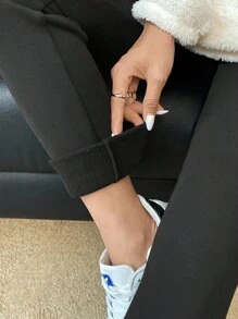 SHEIN EZwear Conjunto de Moletom com Gola Alta e Legging de Fleece Justas com Novo Padrão de Letra, Outono/Inverno - Multicolorido - Visão 9