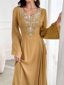 Al Najma 女士 V 领纯色优雅长袖阿拉伯朴素连衣裙 - 薑色 - 查看 8