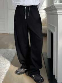 DAZY 男式宽松抽绳腰羊毛运动裤，黑色，秋冬 - 黑色 - 查看 4