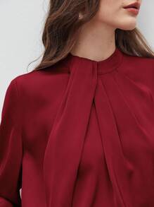 BizChic 女式秋季不对称褶饰宽松长袖上衣，基本款简约优雅商务休闲办公室装，适合教师、婚礼、音乐会 - 紅色 - 查看 9