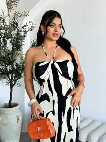 SHEIN SXY Vestido largo con escote en V y sin espalda con pliegues de estampado completo, estilo sexy para vacaciones, verano