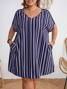 SHEIN CURVE+ Plus Size Music Festival Striped Short Sleeve Dress, Fall,Fall Dresses For Women - Blue - View 7
