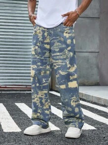 Manfinity EMRG Jeans rectos de pierna ancha con estampado amarillo, de corte casual para hombre, para primavera/verano - Azul - Ver 5