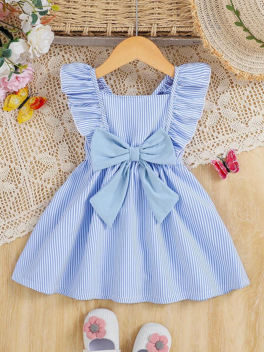 SHEIN Vintaside Kids Baby/Toddler Girl Striped Print Bowknot Front Ruffle Hem Short Sleeve Pink Dress, Casual Versatile Fashion Infant OOTD Dress, Spring/Summer - Blue and White - View 1