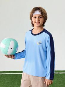 JNSQ 返校服，青少年女孩和男孩服装，运动服，女孩和男孩专业运动长袖 T 恤，秋季儿童圆领撞色趣味字母图案印花长袖 T 恤