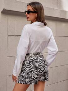 SHEIN Tall Size Women Multicolor Solid Commuter Zebra Print Split Skirt Casual Shorts - Multicolor - View 2
