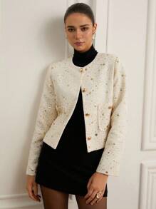 Revavyn Sequin Embroidery Decor, Tweed Fabric, Button Decor Minimalist Casual Short Pocket Decor Round Neck Jacket Fall Cloth For Women - Beige - View 6