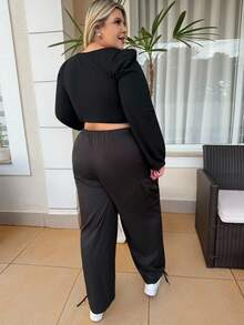 magalhaesca Plus Size Women Elastic Waist Drawstring Cargo Pants With Hem Embellishment - Black - View 3