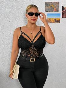 SHEIN PETITE CURVE Plus Size Sexy Contrast Lace Hollow Out Sleeveless Bodysuit, Summer - Black - View 5