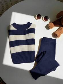 SHEIN 2pcs Baby Boy/Girl Navy And White Striped Sweater And Pants Set,Vintage British Style Raglan Outfit For Matching Family,Modest Casual Autumn Clothes - Multicolor - View 5
