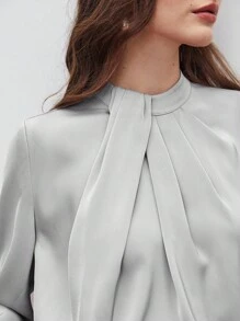 BizChic 女式不对称设计褶饰宽松立领长袖上衣，基本款简约优雅商务休闲装，适合城市通勤，适合教师、办公室、婚礼、音乐会