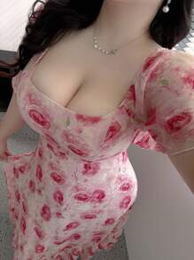 Flirla Plus Size Women Floral Print Chiffon Raglan Ruffle Sleeve Elegant Dress, Pink - Multicolor - View 1