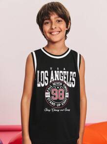 SHEIN Tween Boy Loose Casual Minimalist Comfortable Round Neck Sleeveless Contrast Trim Tank Top And Shorts Set ,Back To School Season, Christmas - Black - View 4