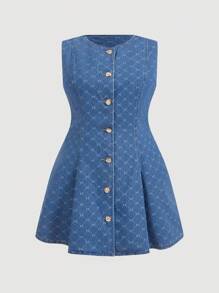 SHEIN MOD Váy mini không tay denim cỡ lớn, màu xanh - Rửa nhẹ - Xem 1