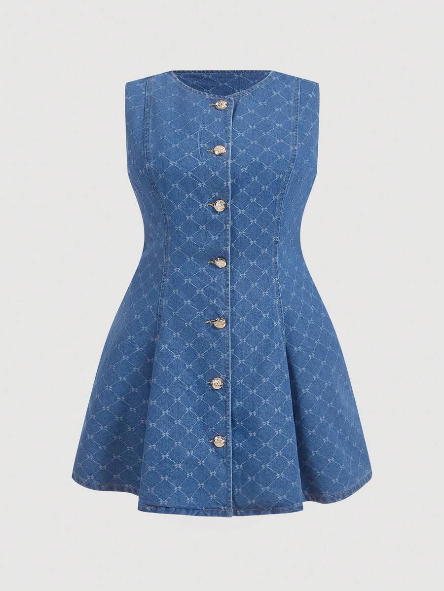 SHEIN MOD Váy mini không tay denim cỡ lớn, màu xanh - Rửa nhẹ - Xem 1