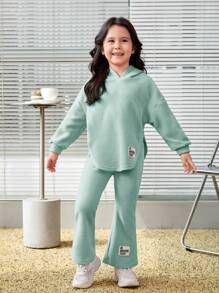 SHEIN Leap Crew 2 件装年轻女孩连帽套头衫，带不对称下摆和裤子套装 - 薄荷綠 - 查看 6