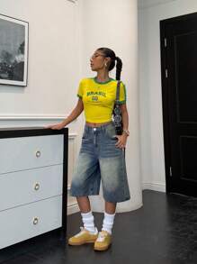 SHEIN 少女春夏 Y2K 石洗低腰宽松长短七分牛仔裤，夏季狂欢音乐会街头服饰 - 深色水洗藍 - 查看 6