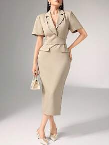 Heiryn Đầm Blazer Tay Ngắn Cổ Quấn Eo Thanh Lịch - Màu Khaki - Xem 3