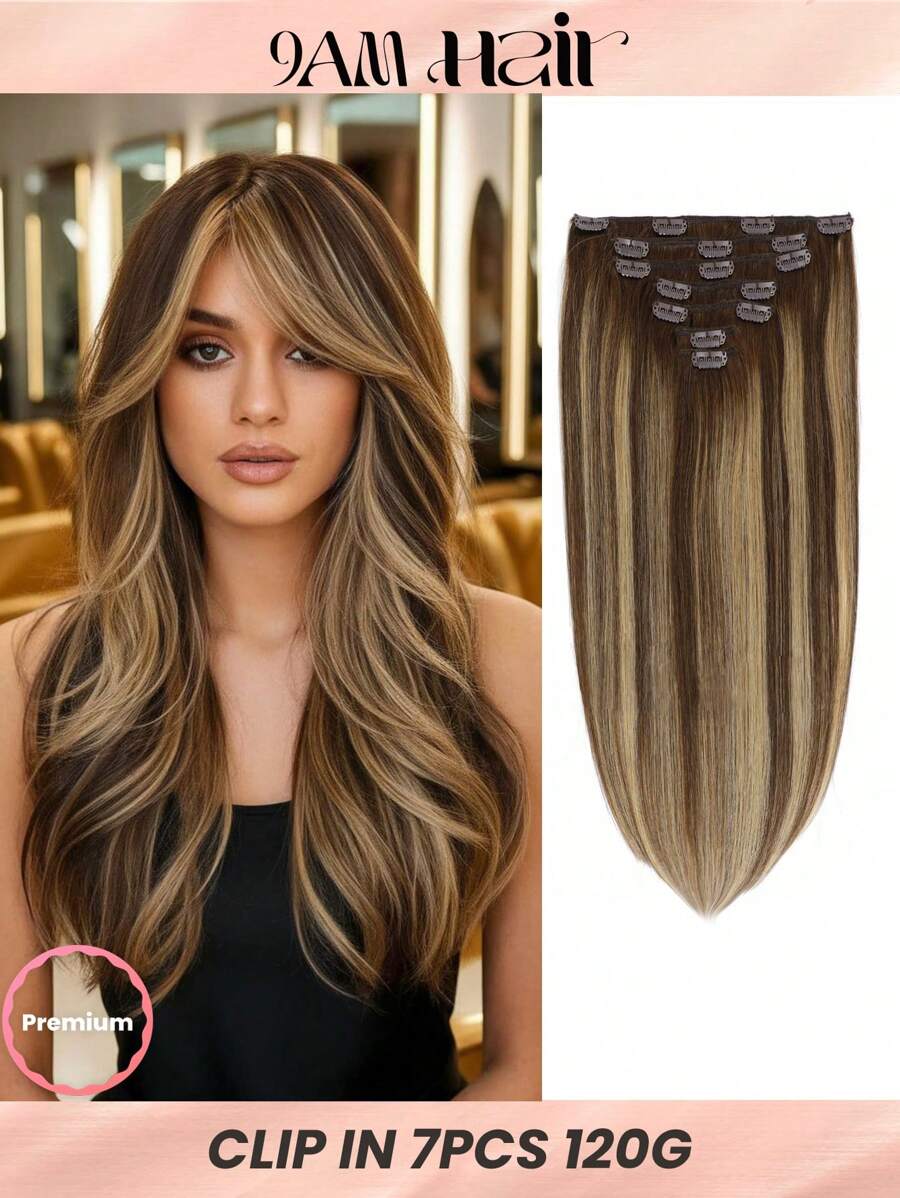Straight Human Hair Clip In Hair Extensions For Full Head Brazilian Virgin Hair Ombre 4274# Color, 7/Pcs With 16Clips, 120 Gram - S4/27/4 - View 1