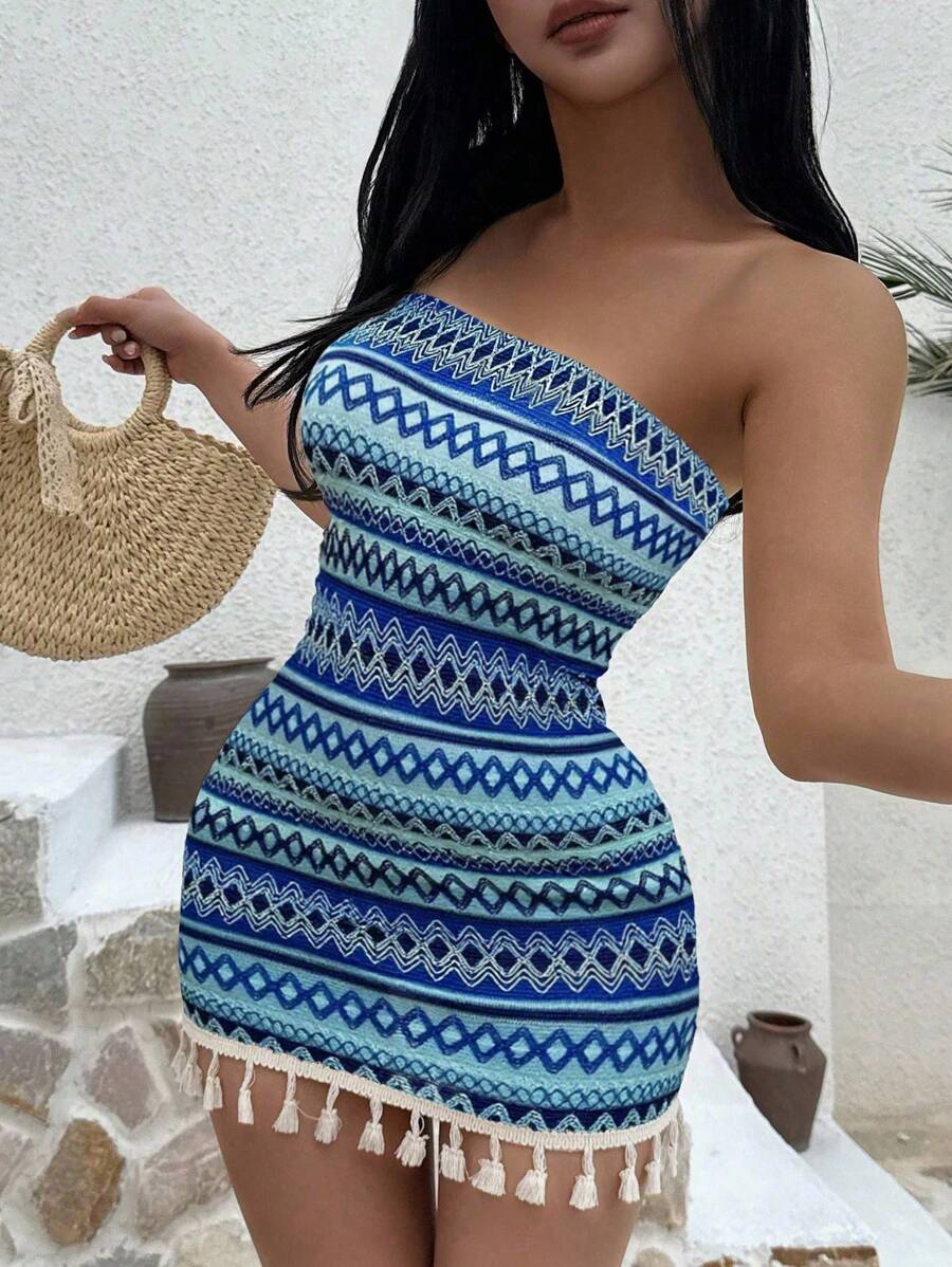 SHEIN Unity Multi-Color European & American Sexy Lady Vacation Strapless Fitted Waist Tassel Patchwork Dress - Multicolor - View 1