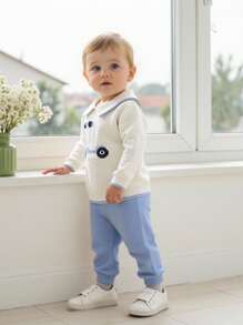 SHEIN Playful Pals 2pcs Baby Boy Casual Sweater Co-Ord Set - White Sweater With Toy Car Pattern + Knitted Blue Pants, Soft & Comfortable For Daily, Outing, Travel, Holiday, Home, Daycare, And Play Fall Winter - Blue and White - View 6