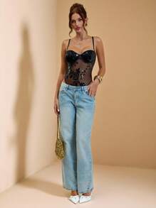 SHEIN BAE Tuta nera da donna in tulle ricamato con perline ed elasticizzata - nero - Visualizzare 6