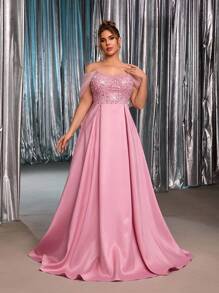 Glamrae 加大码优雅浪漫奢华莲花粉色奢华亮片设计串珠刺绣网眼拼布不对称领口褶皱长裙，适合晚会、单身派对、约会、舞会、度假、毕业典礼、婚礼、正式场合（重度装饰） - 藕粉色 - 查看 2