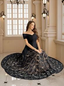 SHEIN Clasi Váy trễ vai ren thanh lịch cỡ lớn, Đầm dài trang trọng cỡ lớn cho nữ - màu đen - Xem 2