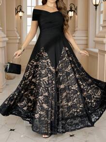 SHEIN Clasi Váy trễ vai ren thanh lịch cỡ lớn, Đầm dài trang trọng cỡ lớn cho nữ - màu đen - Xem 4