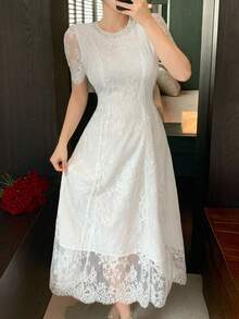 DAZY Elegant Lace Round Neck Puff Sleeve Midi Dress For Women - White - View 9